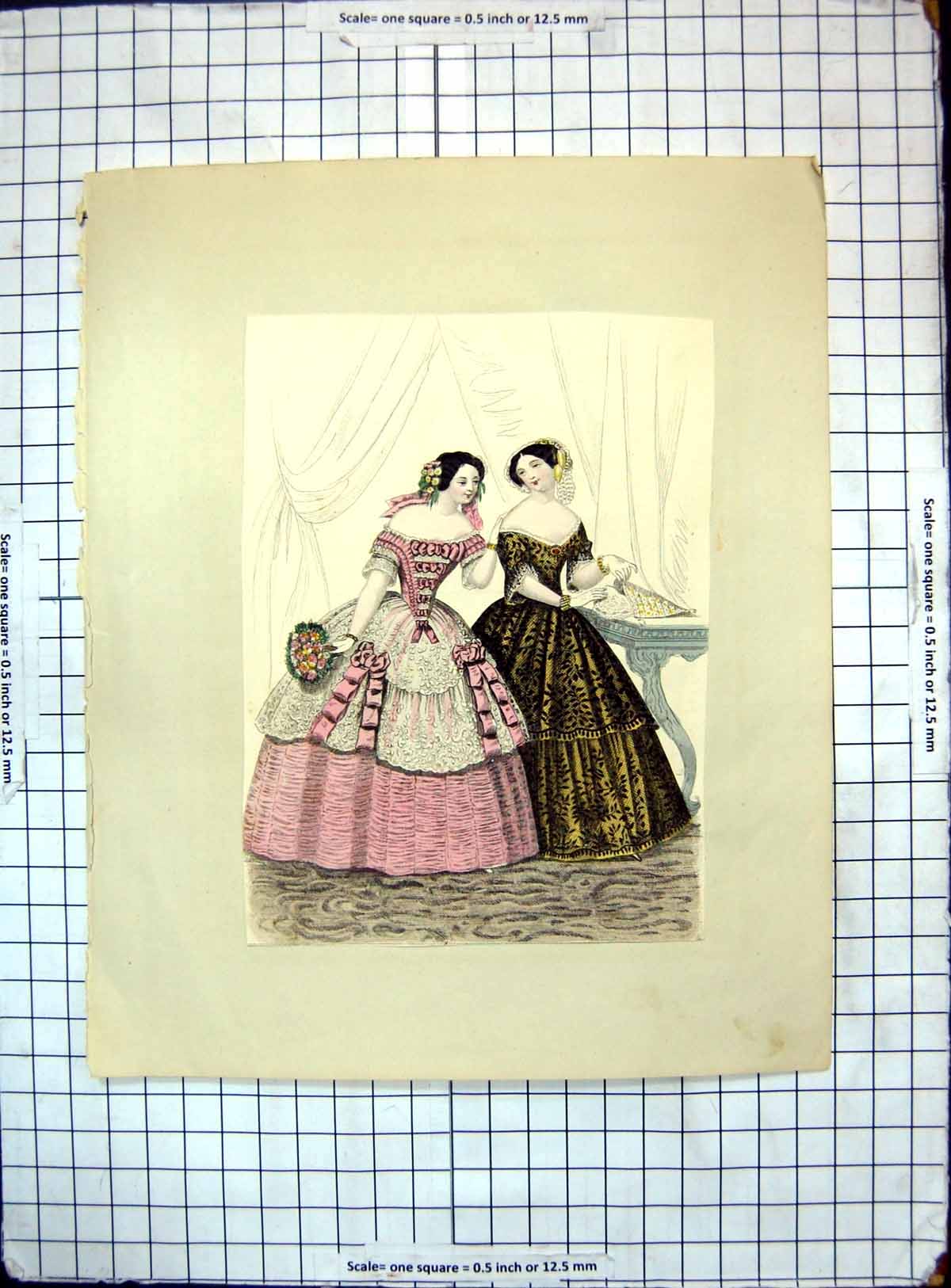 Original Old Antique Print Colour Picture Two Ladies Pretty Gowns