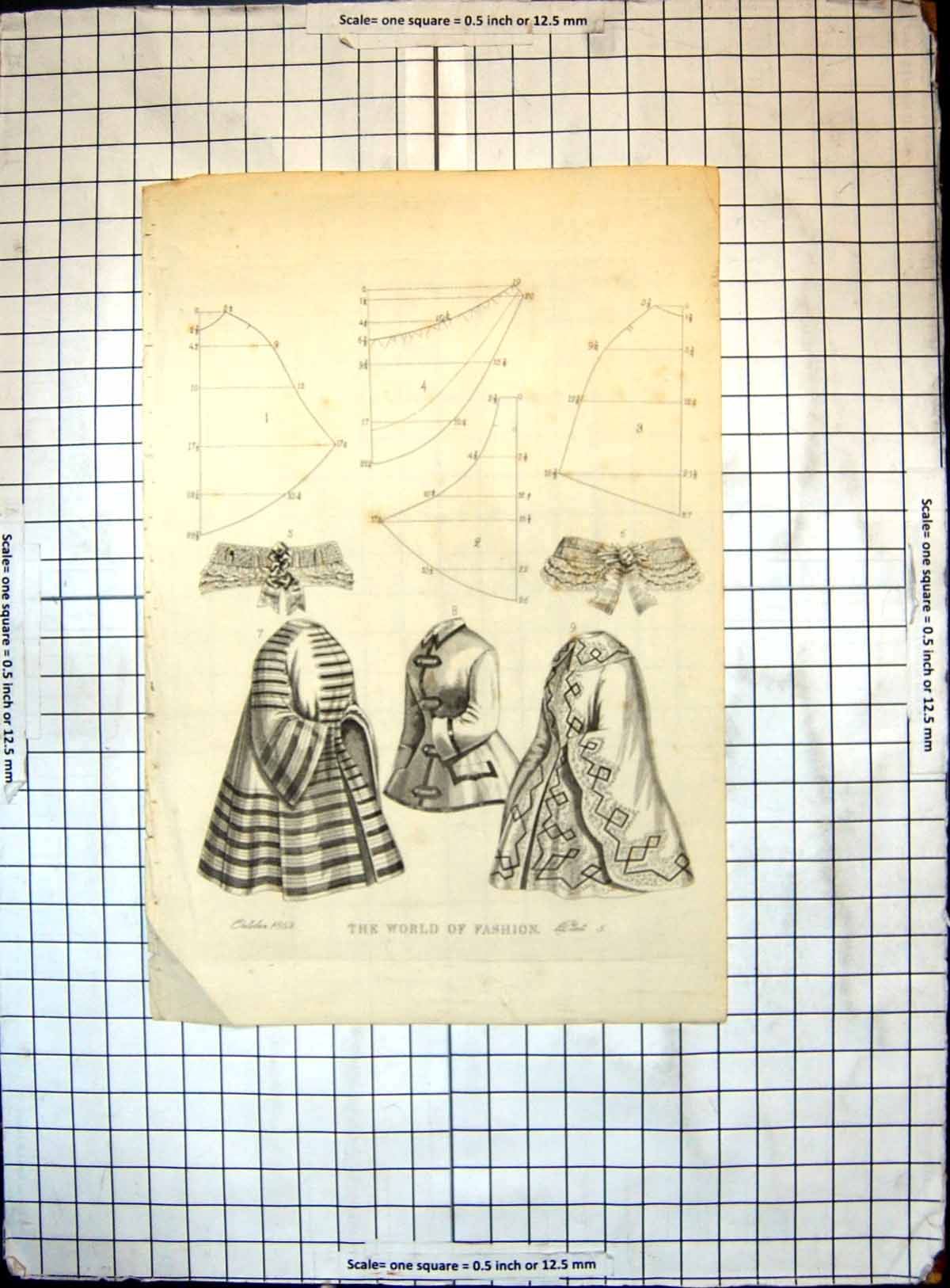 Original Old Antique Print World Fashion 1852 Pattern Jacket Cape Victorian