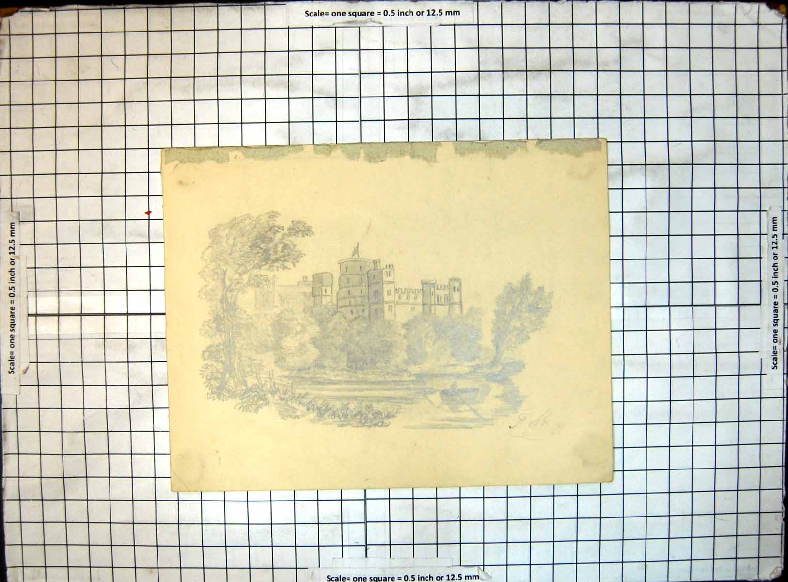 Original Old Antique Print Engraving Castle River Boat