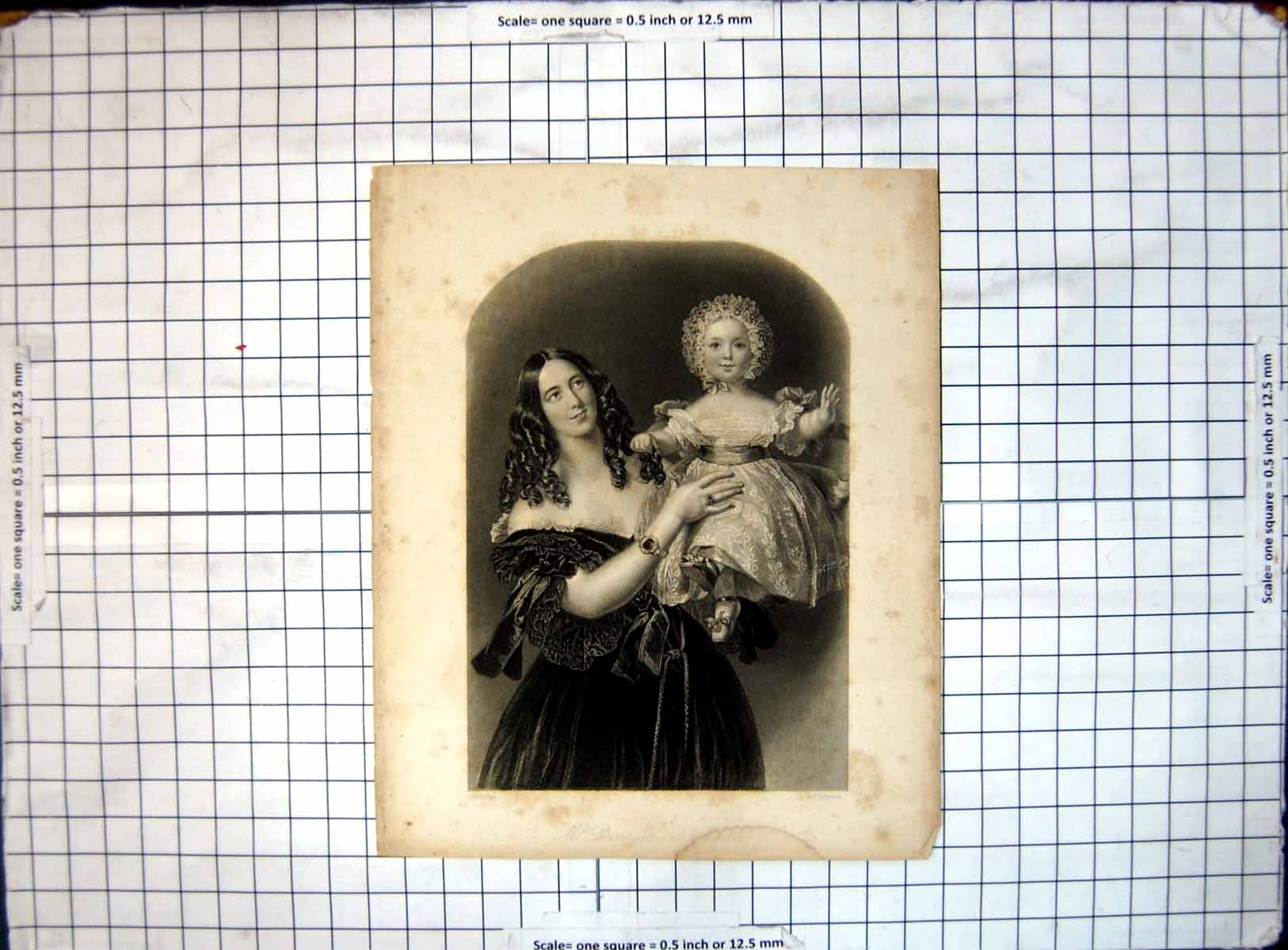 Original Old Antique Print Mrs Dennistown And Child Woman Hing Young Girl