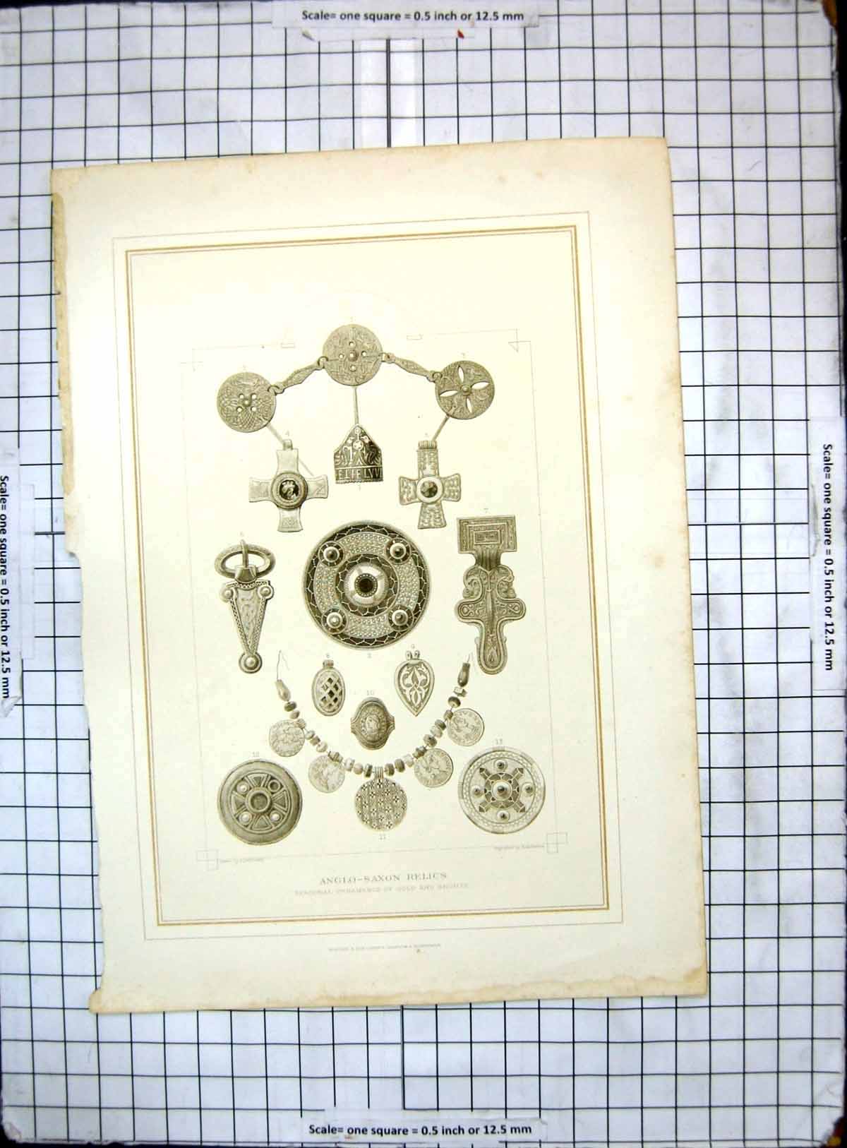 Original Old Antique Print Anglo Saxon Relics Personal Ornaments GBronze