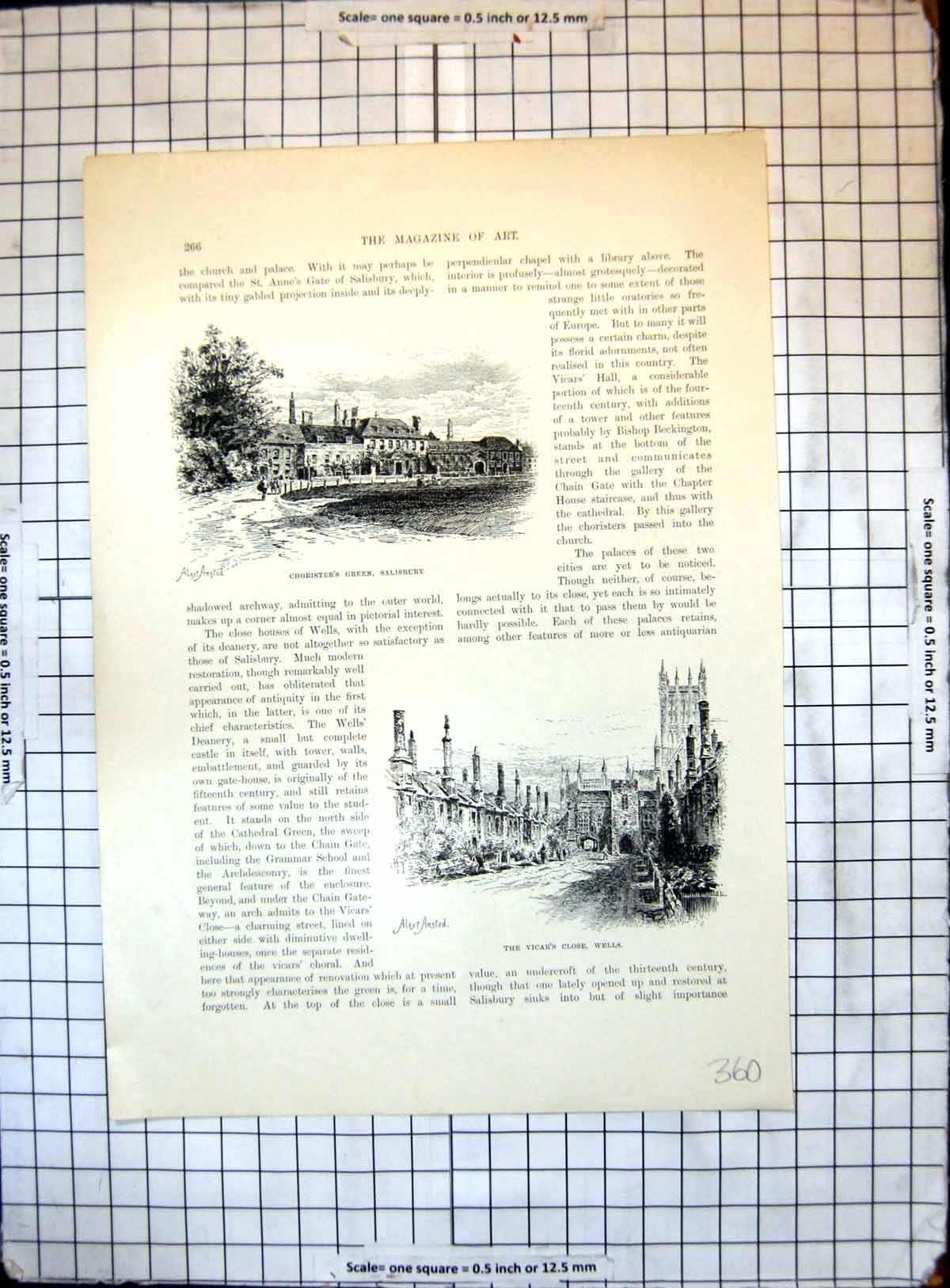 Original Old Antique Print Choristers Green Salisbury Vicars Close Wells Palace