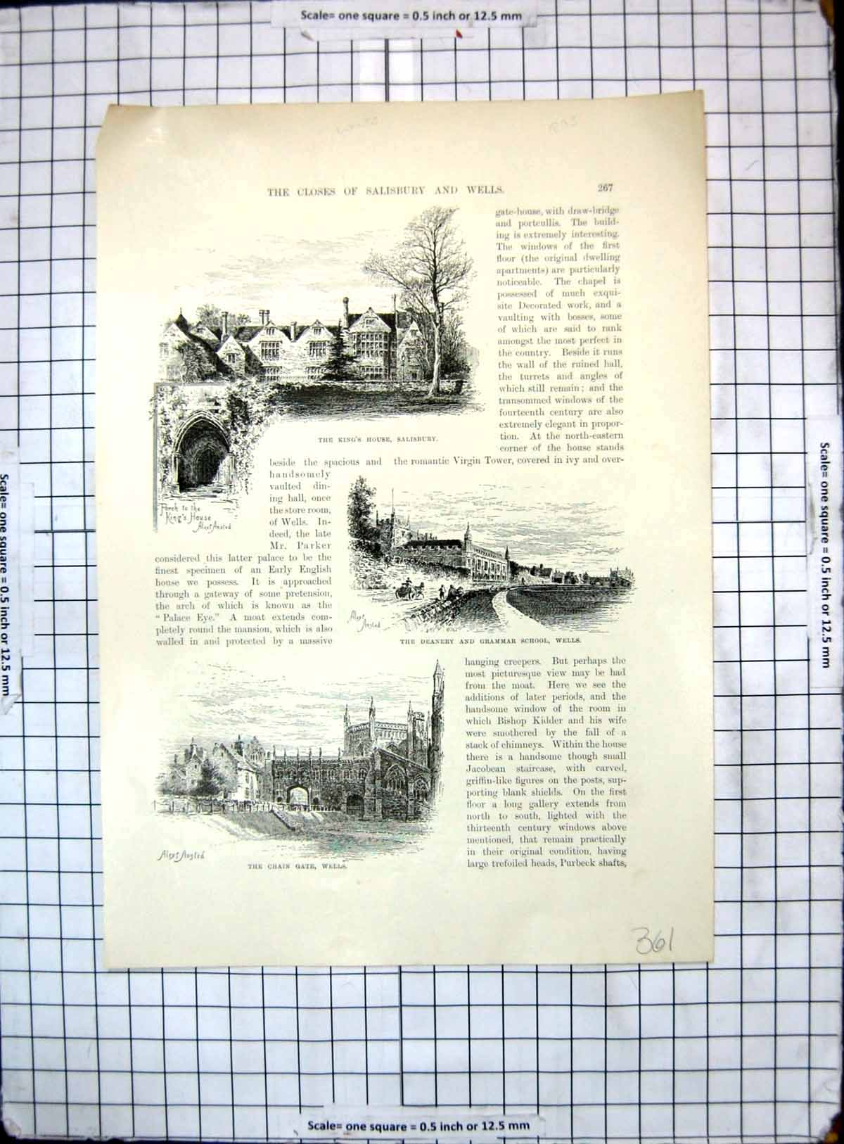 Antique Old Print Kings House Salisbury Chain Gate Wells Wardrobe Salisbury