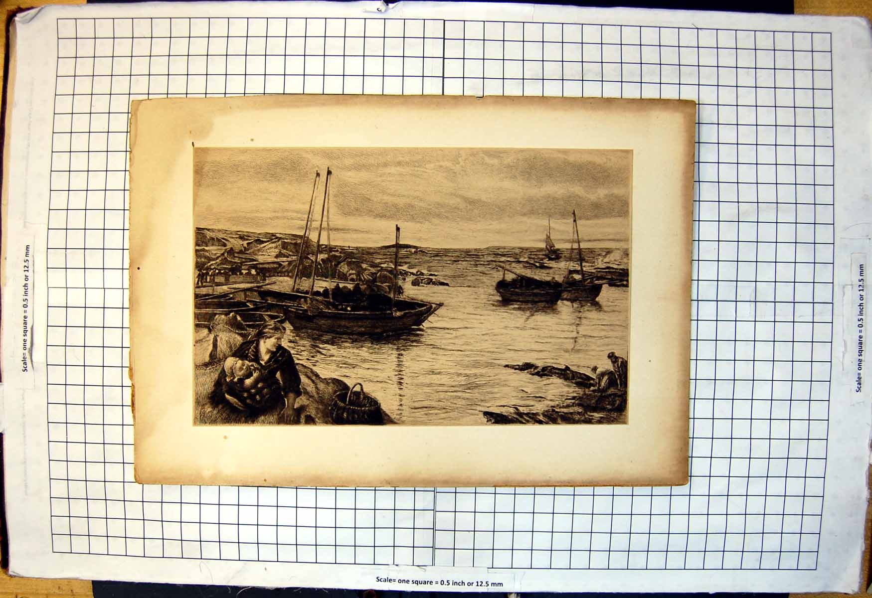 Old Etching Fishing Boats Nets Mother Baby Basket Sailing Sea Rowing