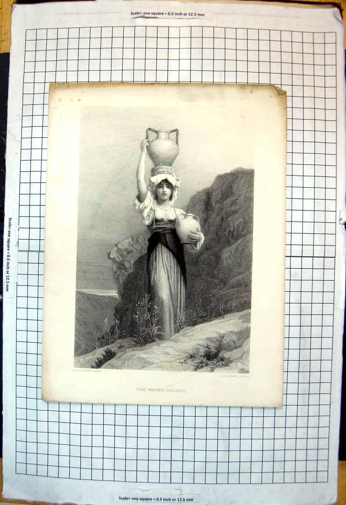 Antique Old Print Water Bearer AAE Hebert Pinxt J Levasseur Sculpt Mountains