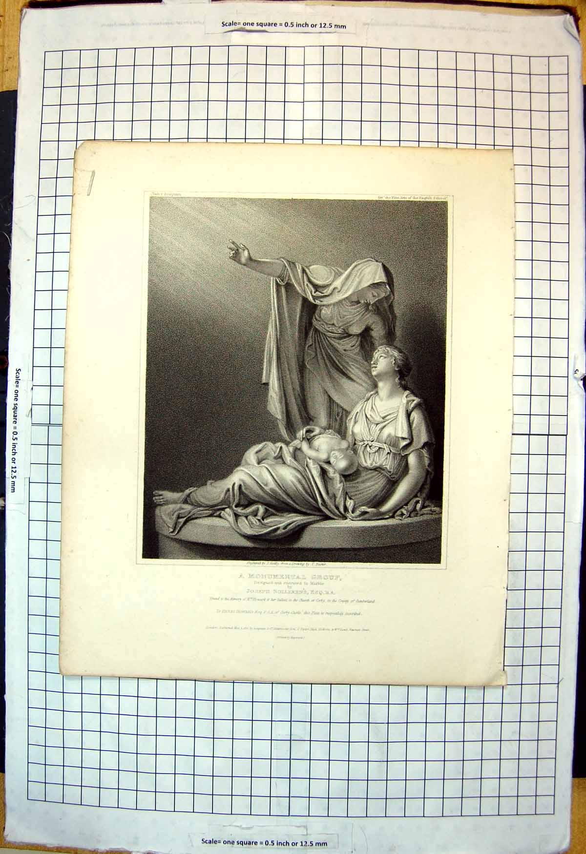 Antique Old Print Monumental Group Designed Executed Marble Joseph Nollekens