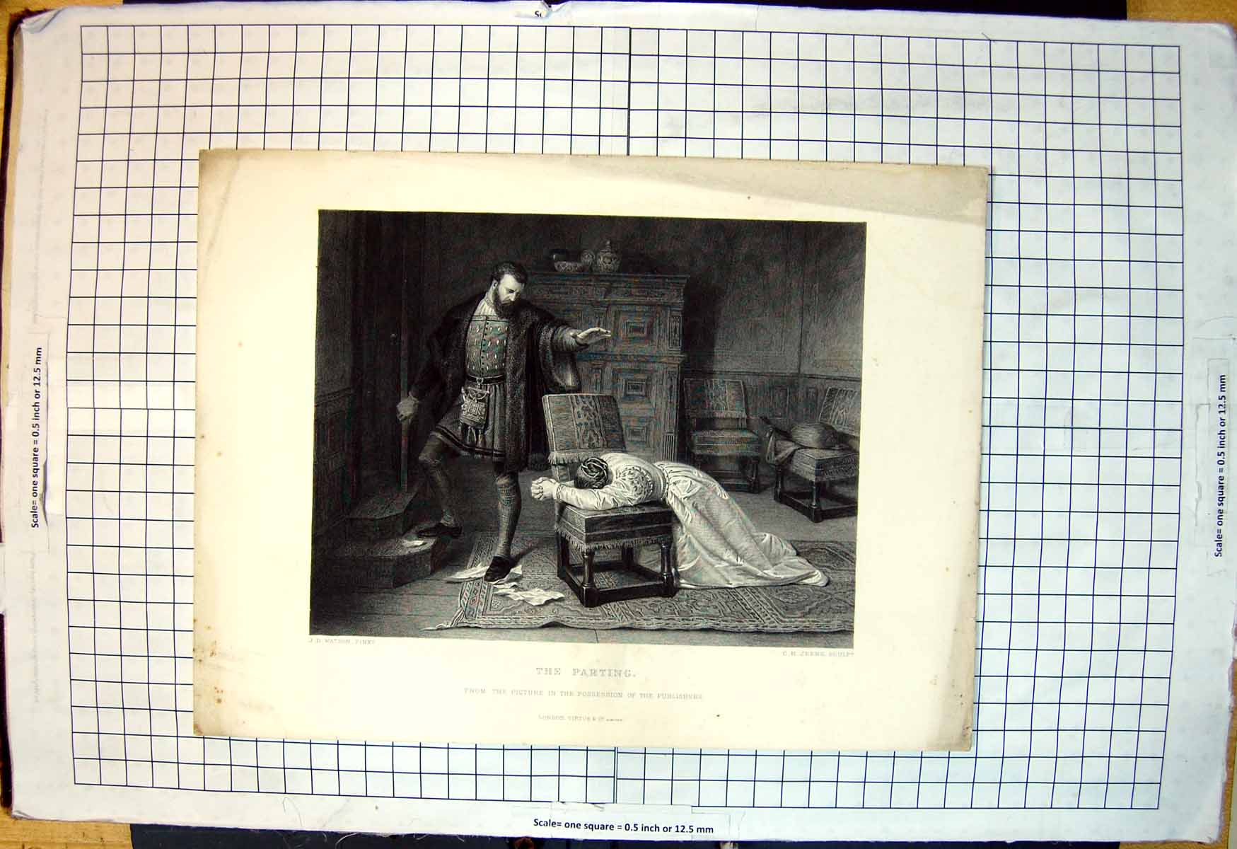 Old Print The Parting Published London Virtue & Co Woman Distraught Chair