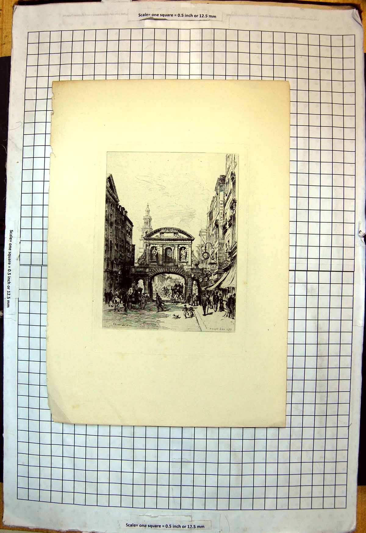 Antique Old Print Ornate Gateway Statuary Buildings Horses Carriages Dogc1887