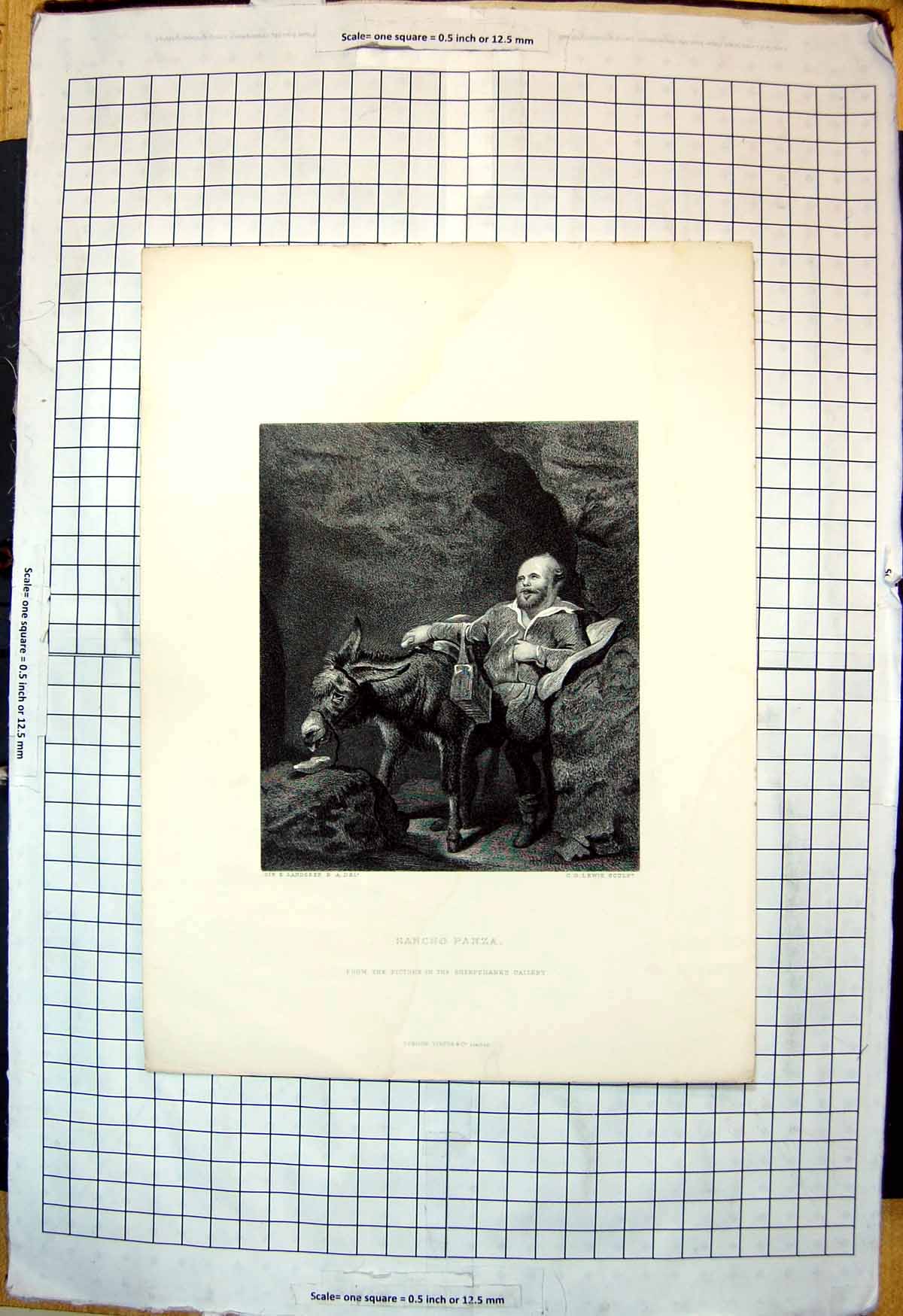 Antique Old Print Sancho Panza From Don Quixote Donkey Feeding Carrying Bag