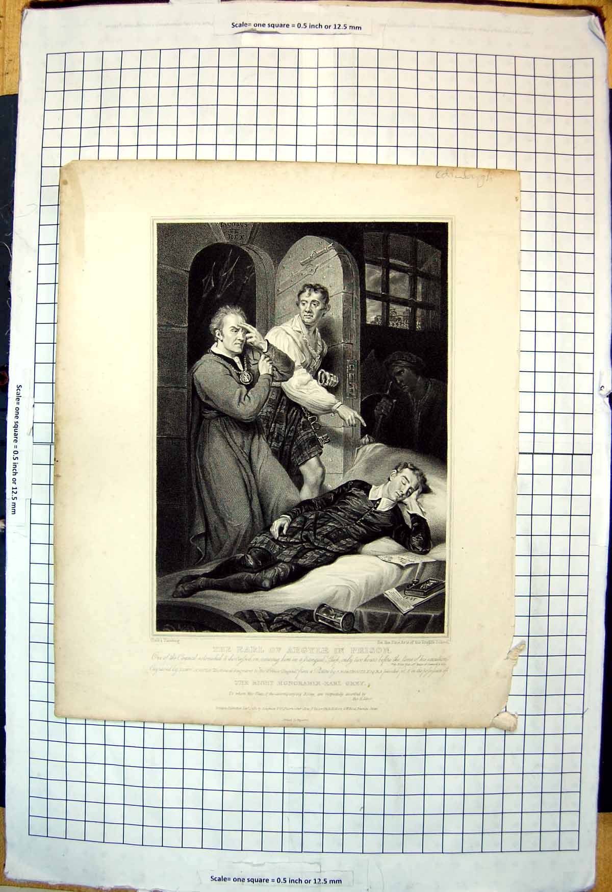 Antique Print Earl Argyll Prison Asleep Two Hours Before Execution Council