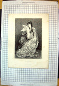 Old Print Prisoner White Dove Hands Maiden Floral Dress Seated Plate Food