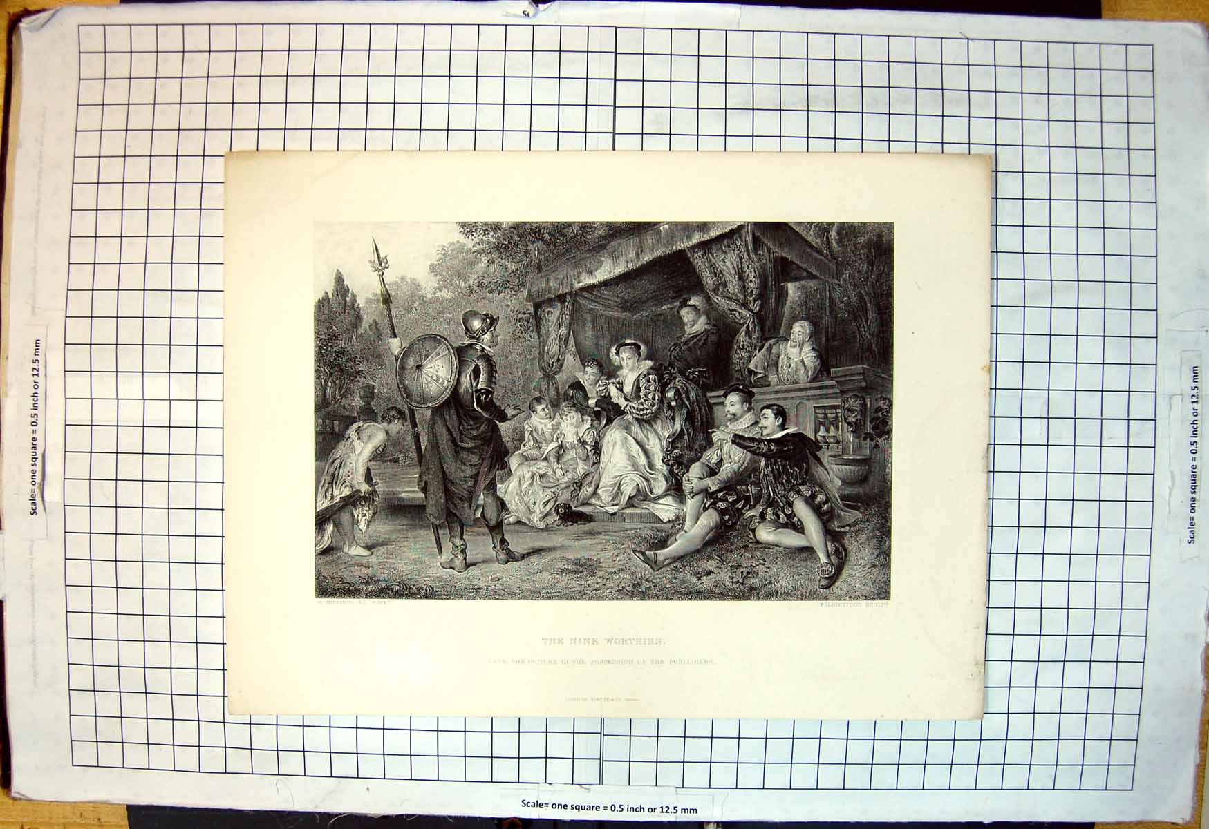 Old Print Nine Worthies Group Ladies Gentlemen Reclining Outdoors Canopy