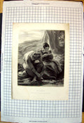 Old Print Sonnet Lady Reading Man Watching Her Expression Waterside Trees