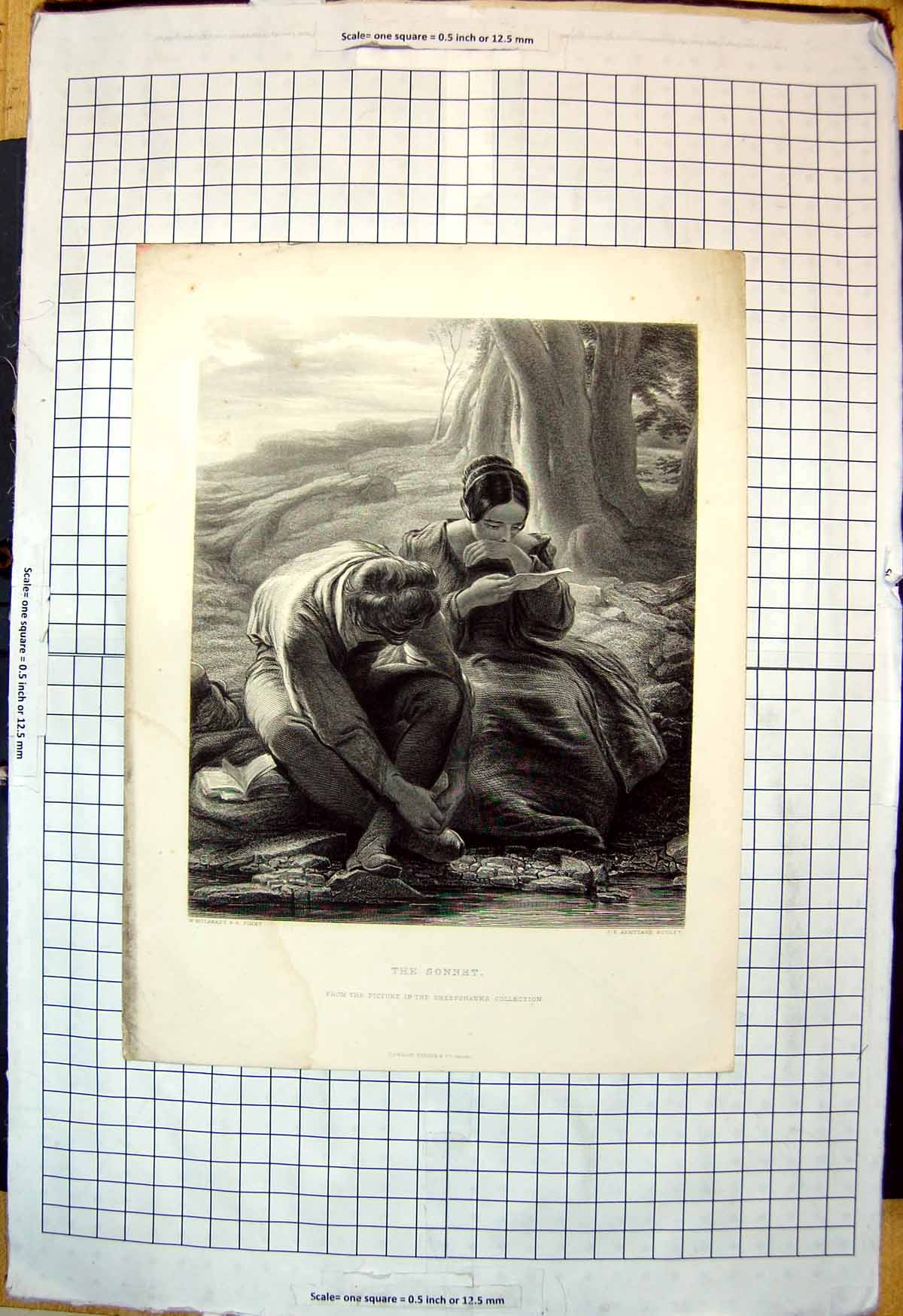 Old Print Sonnet Lady Reading Man Watching Her Expression Waterside Trees