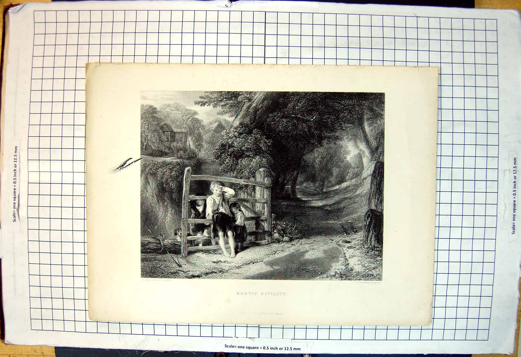 Old Print Rustic Civility Children Opening Gate For Horse Rider Trees Dog