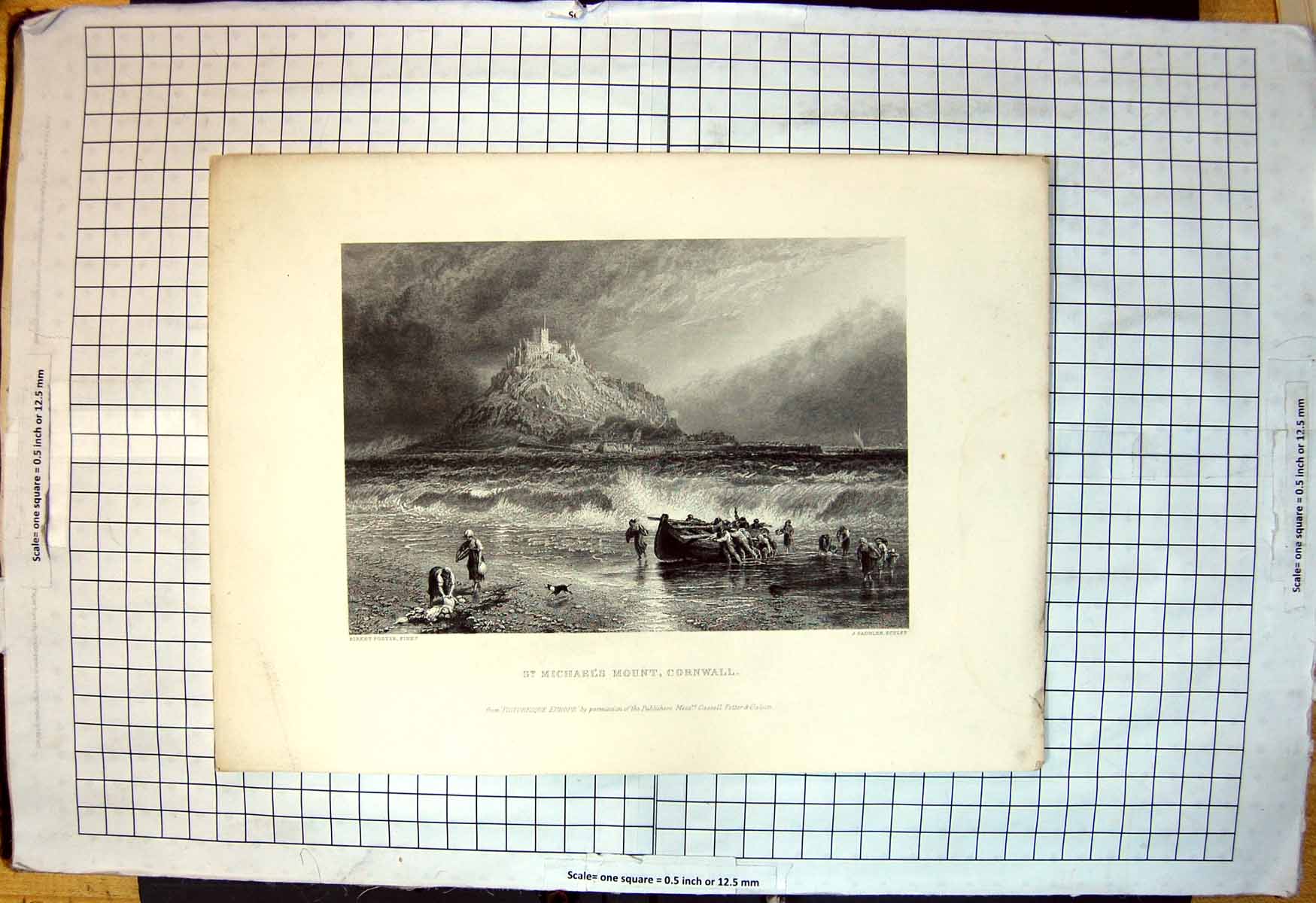 Old Print St Michael'S Mount Cornwall Men Push Boat Ashore Women Baskets