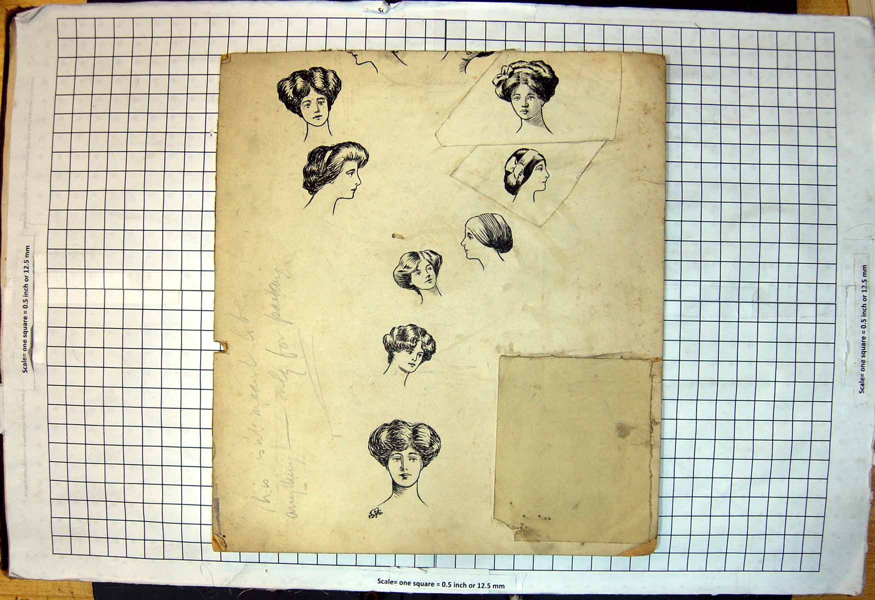 Old Print Packing Board Illustrated Ladies Heads Various Hairstyles Bows