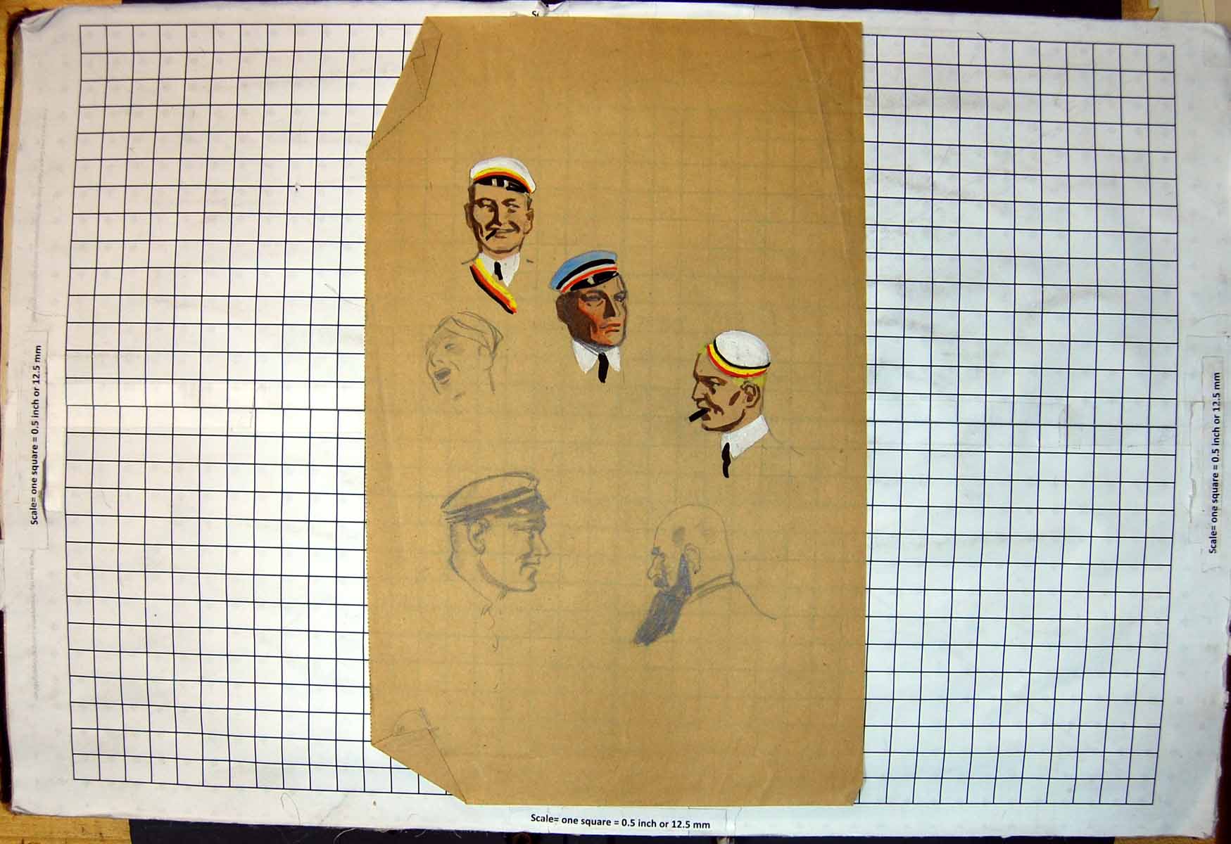 Antique Print Studies Sailor Heads Colour Pencil Bearded Clean Shaven Caps