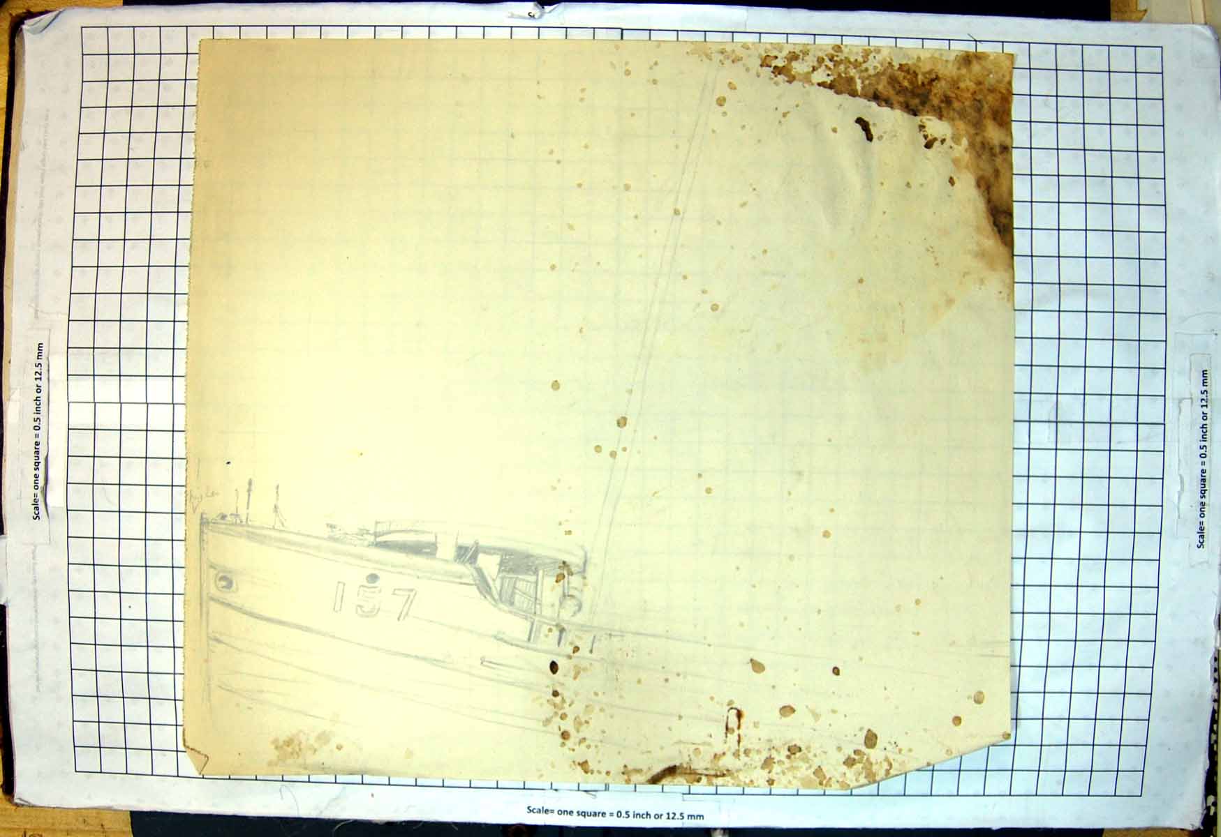 Old Print Detail Boat Side View Number 157 Cabin Porthole Spattered Brown