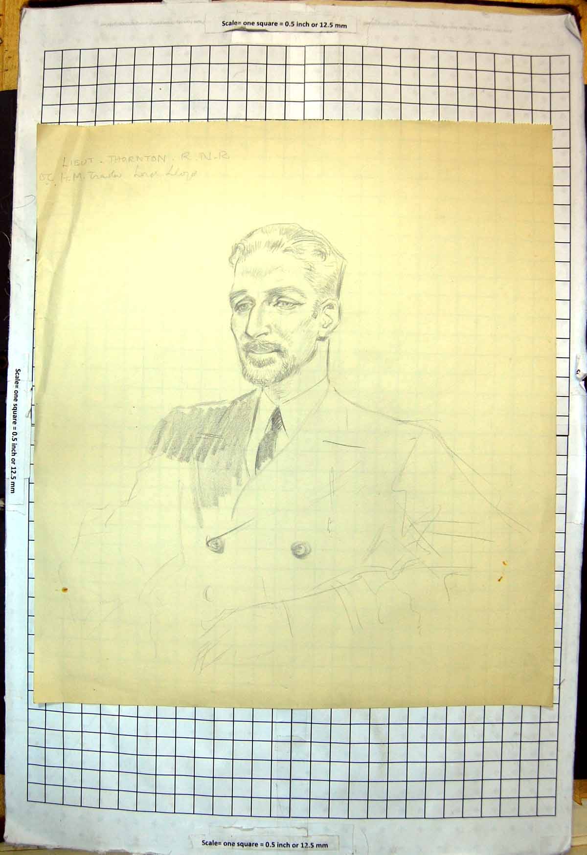 Old Print Lieutenant Thornton RNR H M Trawler Lord Lloyd Pencil Portrait