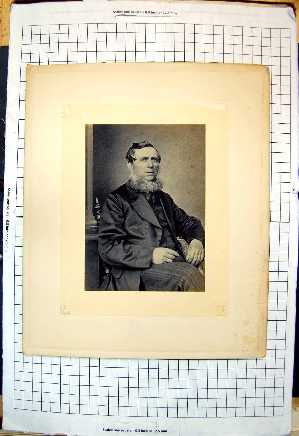 Old Print Seated Gentleman Bearded Black Coat Waistcoat Striped Trousers