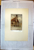 Antique Old Print Silk Painting Mounted Church Tower Trees Sky Red RoSigned