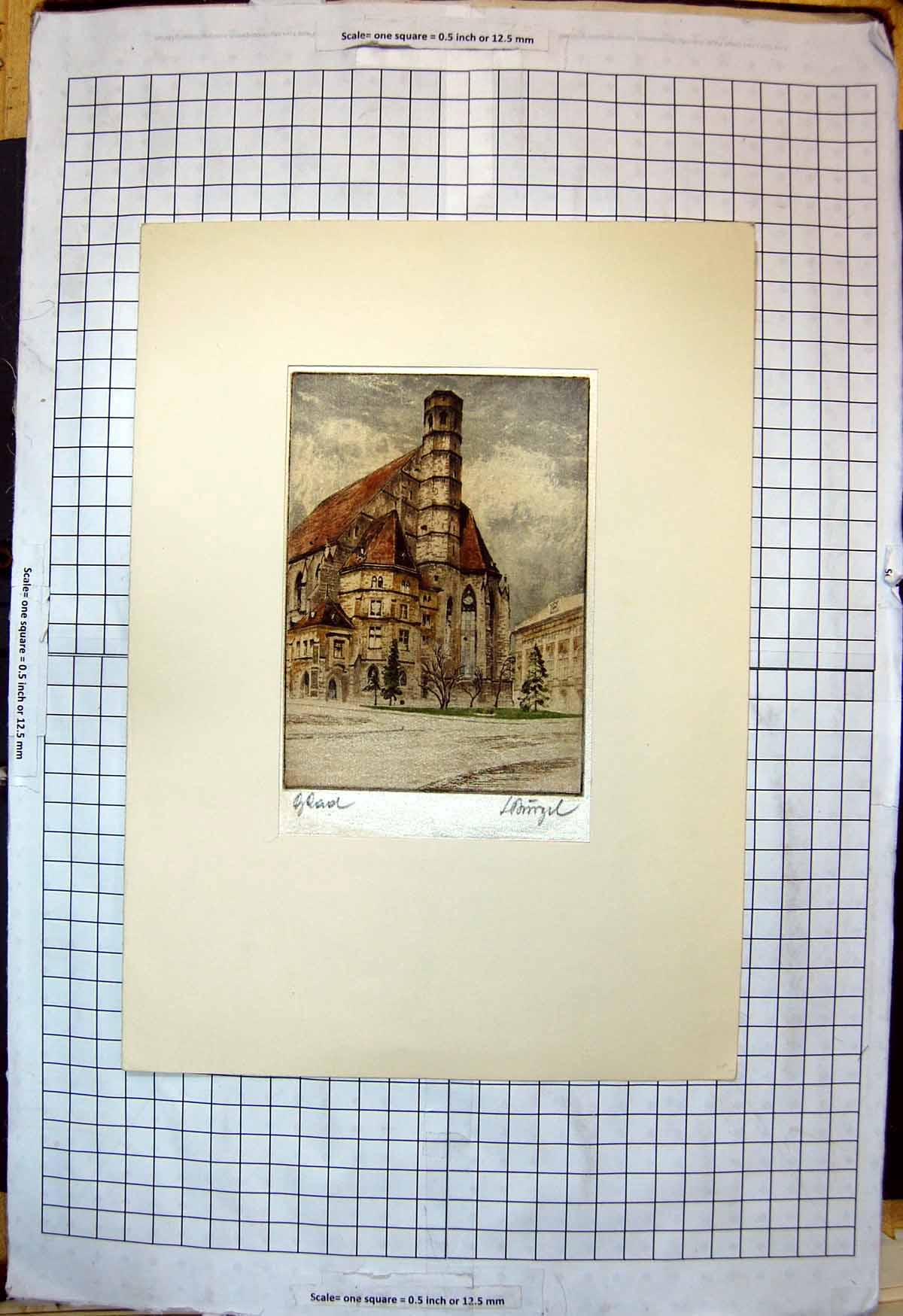 Antique Old Print Silk Painting Mounted Church Tower Trees Sky Red RoSigned