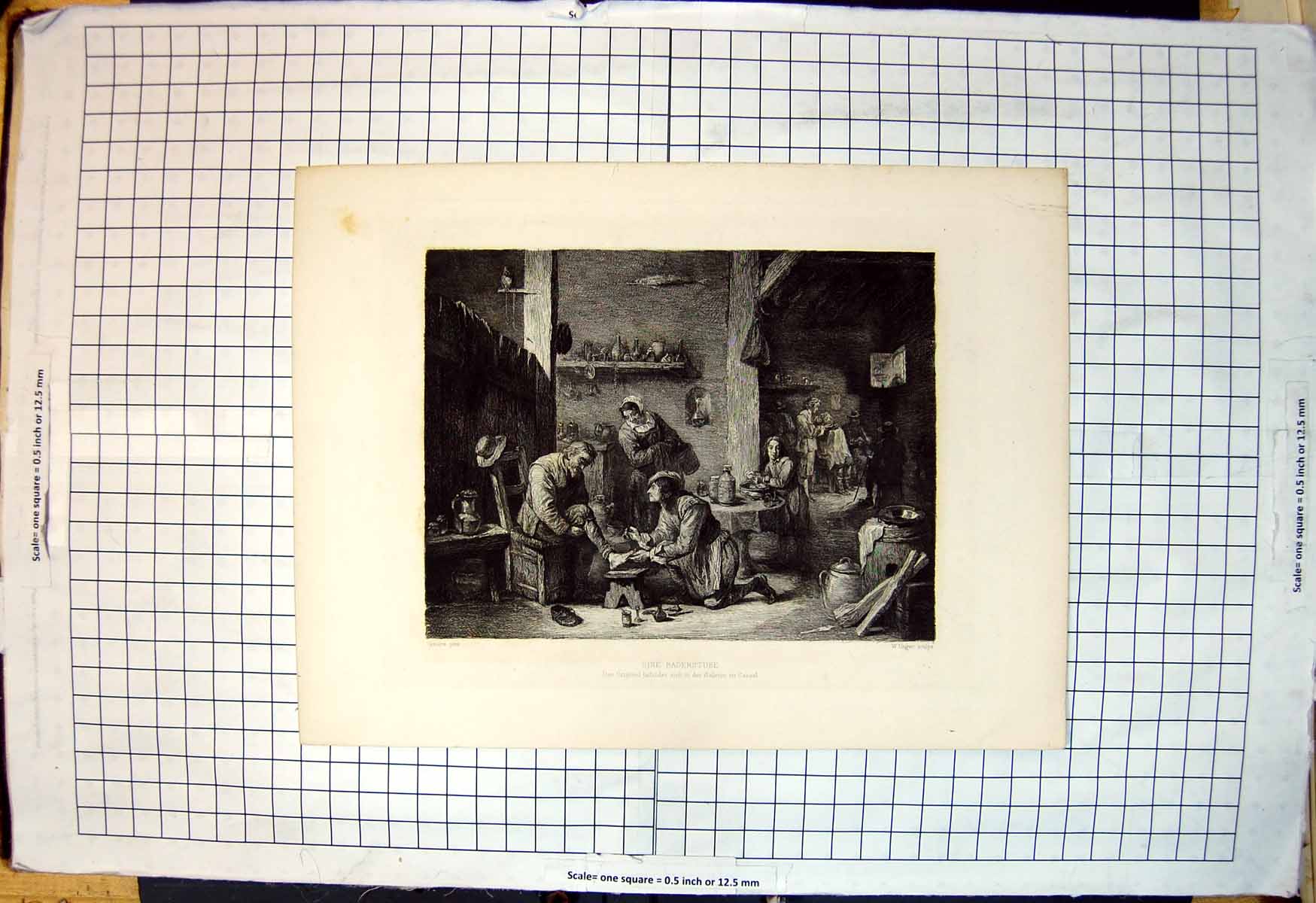 Old Print Eine Baderstube A Tavern Man Treating Foot Jug Rustic Furniture