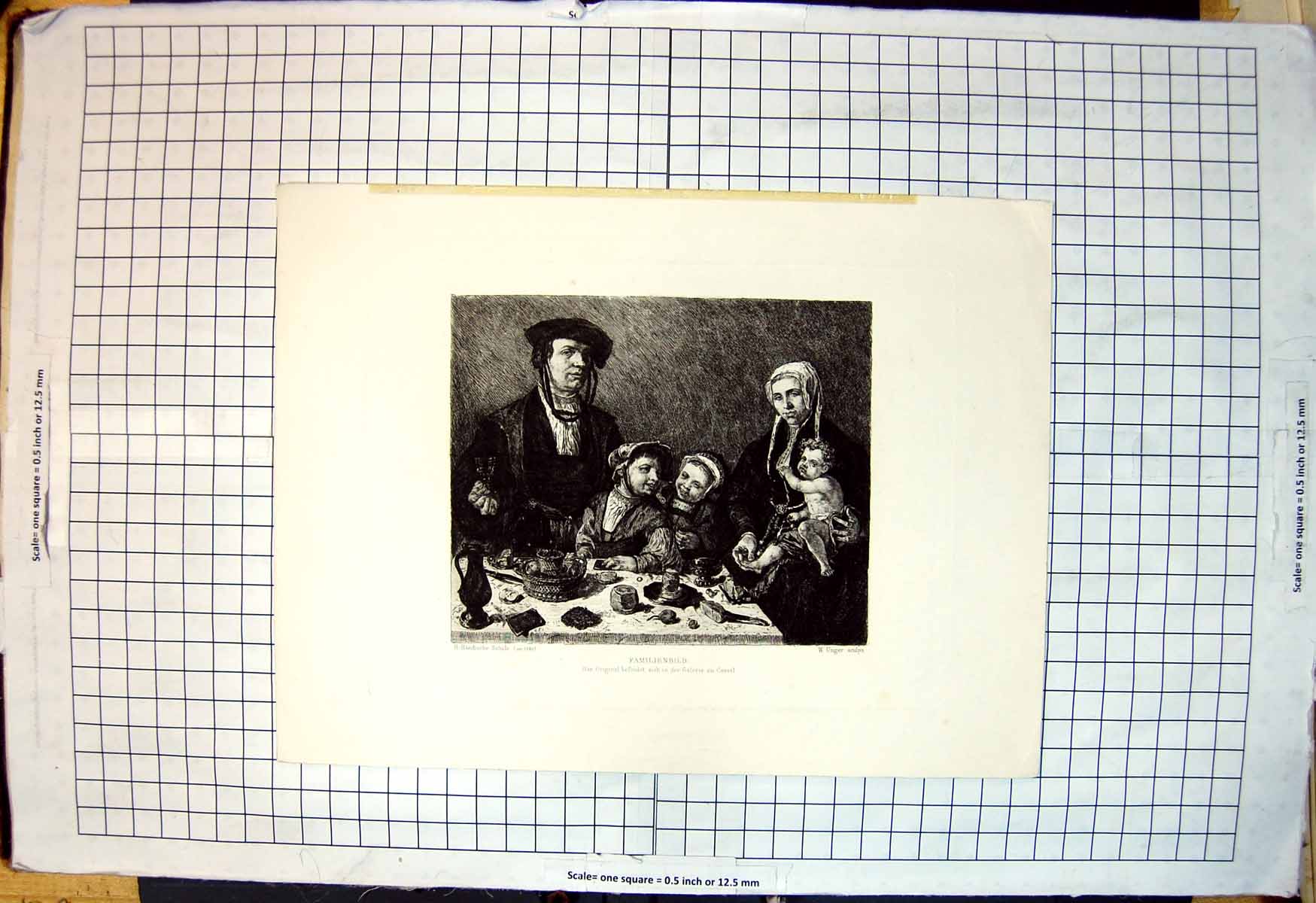 Old Familienbild Family Image Husband Wife Three Children Food Table