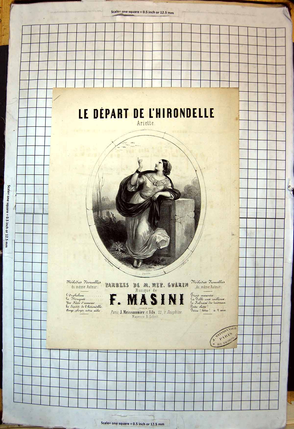 Old Le Depart De L'Hirondelle Deveria Lady Clasping Shawl Leans Monument