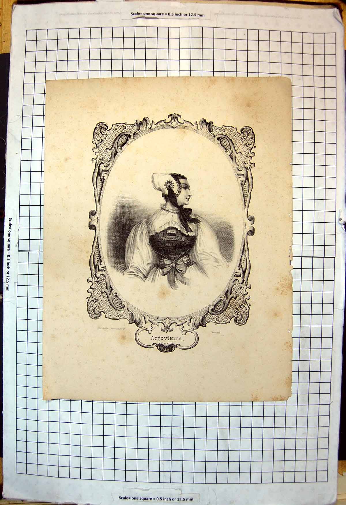 Antique Old Print Argovienne Lady Portrait Puffed Sleeves Gathered Waist Bow