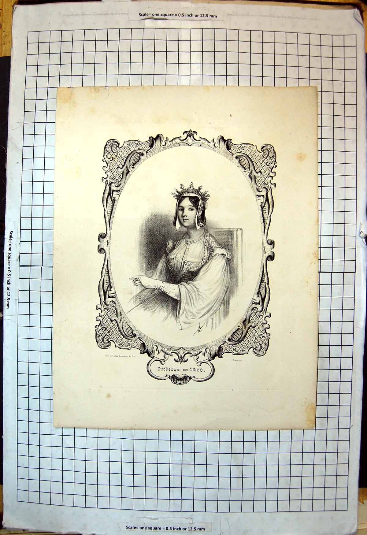 Old Print Duchesse En 1400 Portrait Lady Seated Hand Aloft Brocade Dress