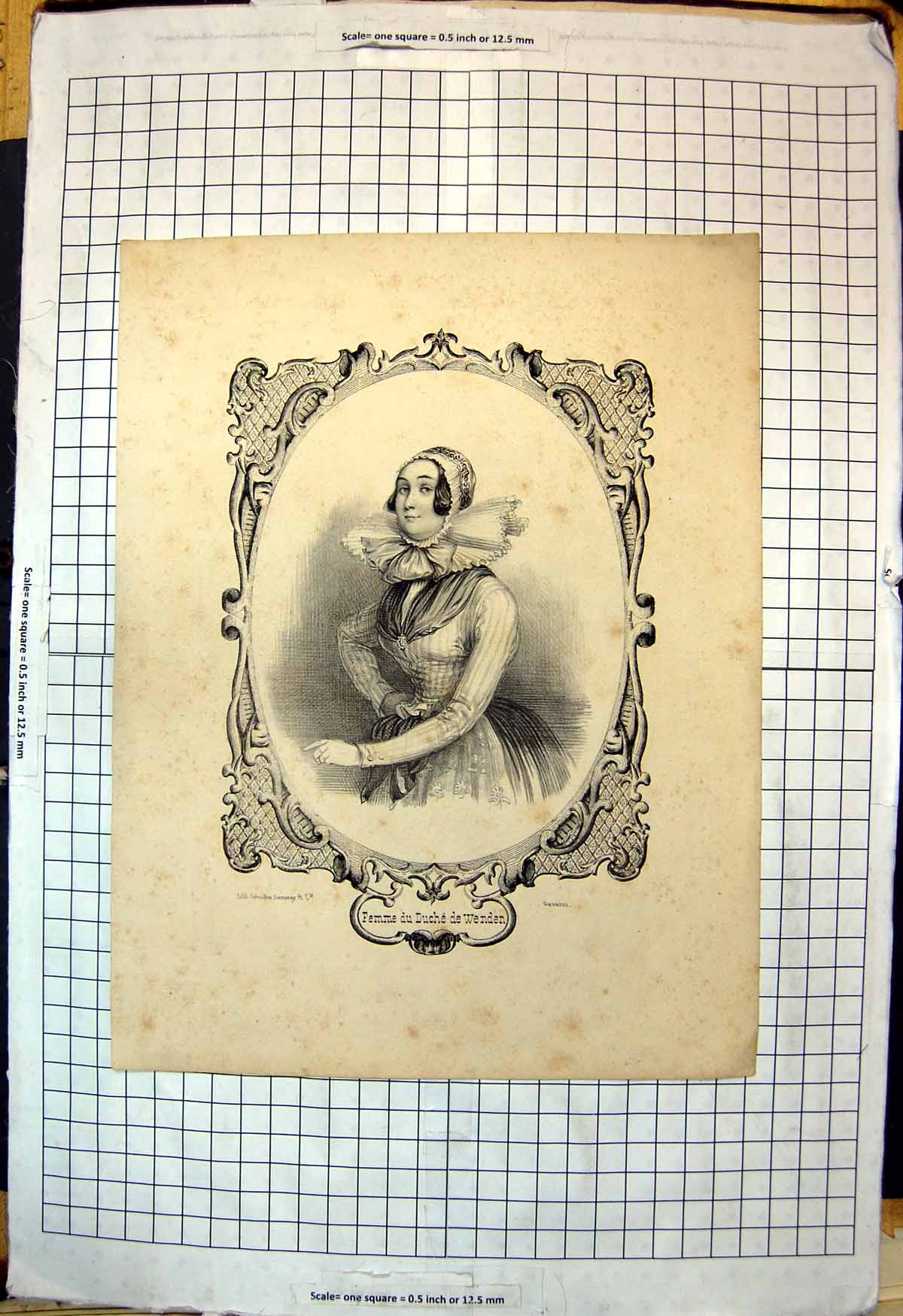 Antique Old Print Femme Du Duche De Wenden Lady Portrait Broad Ruffle Collar