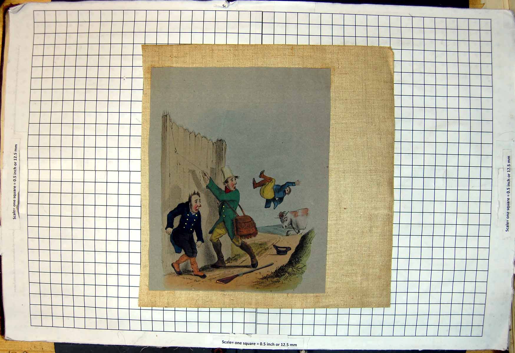Old Print Colour Chased Bull Man Tossed Gun Dropped Three Men Calf Boots 19th