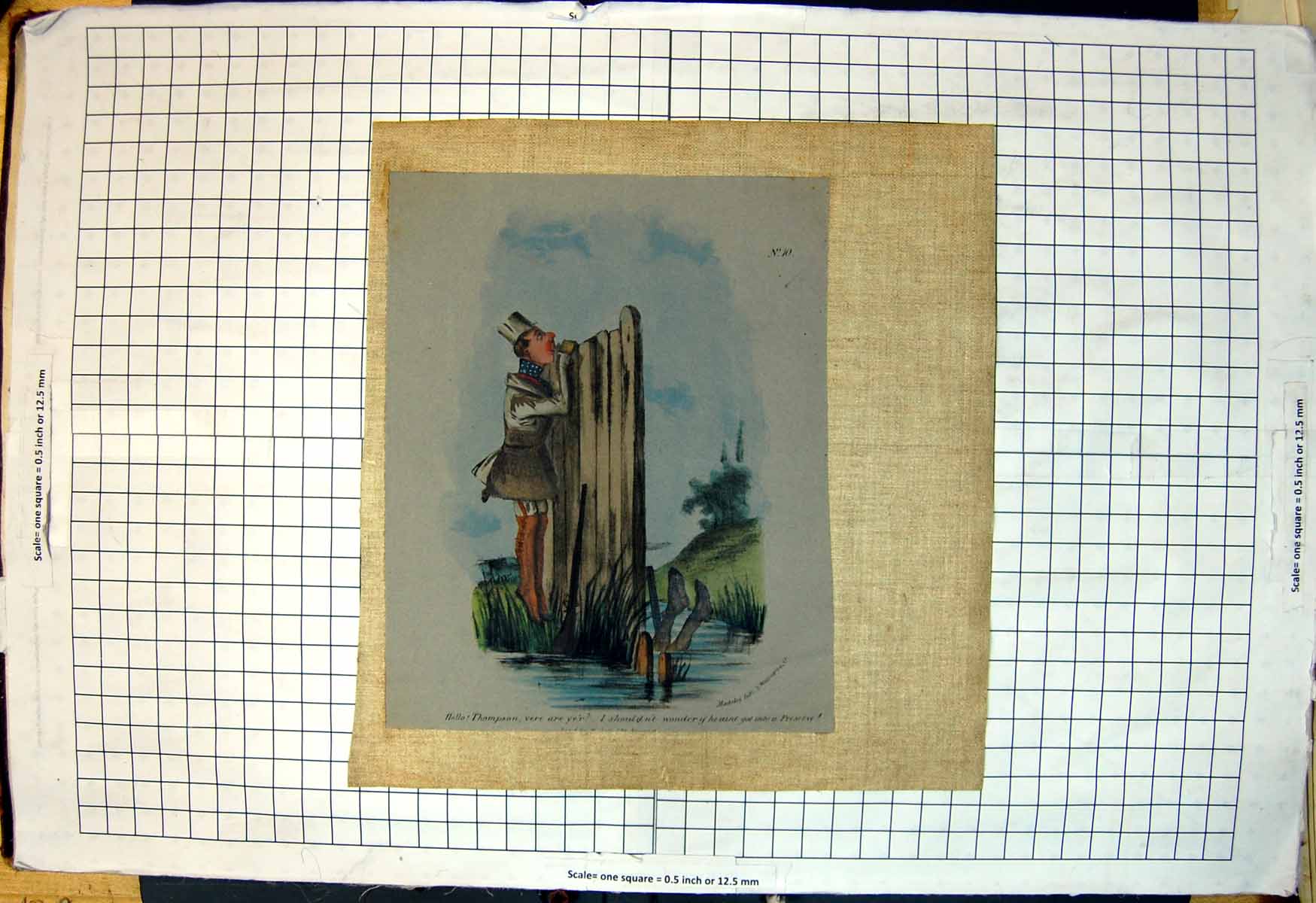 Antique Old Print Colour Two Men Upside Down Water Rifle Leaning Fence Pond