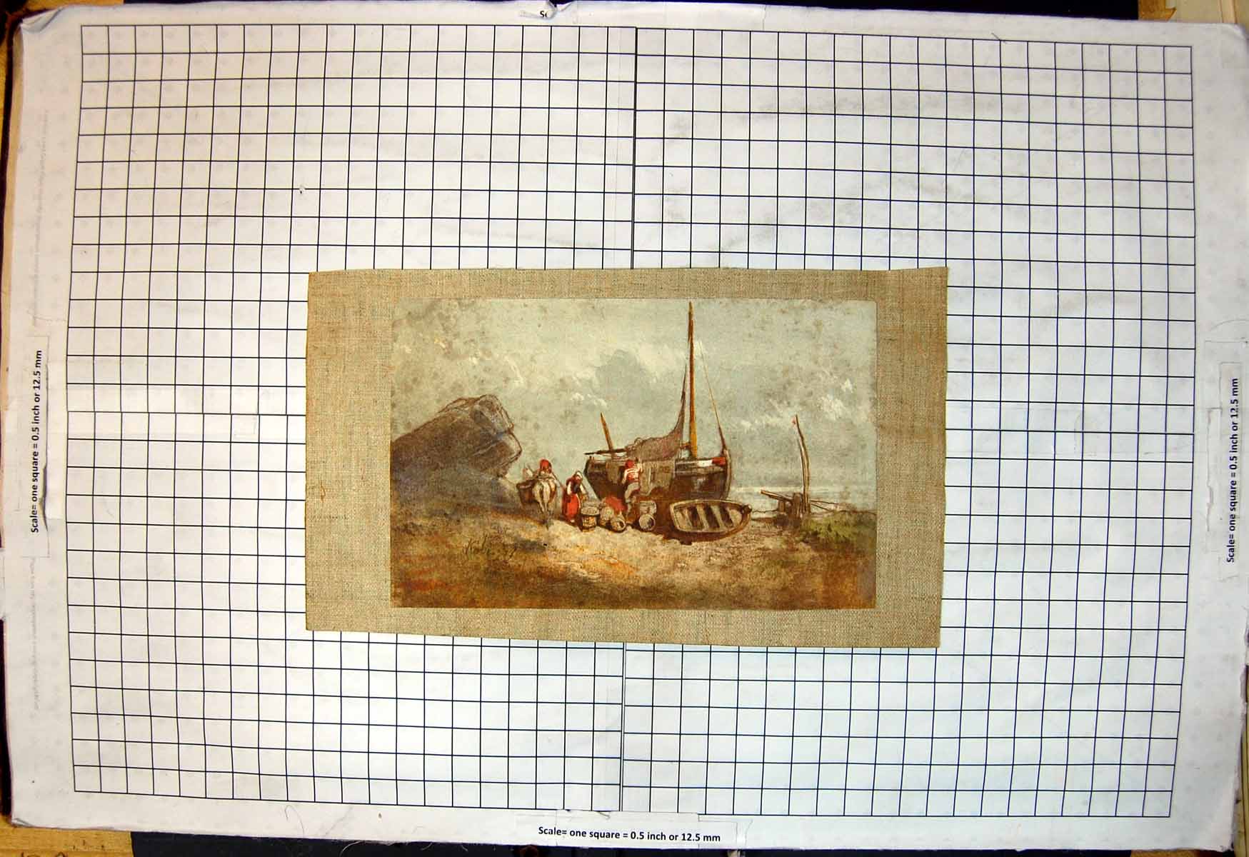 Antique Print Boat Aground Sail Down Baskets Ashore Woman Horse Sailor Row 19th