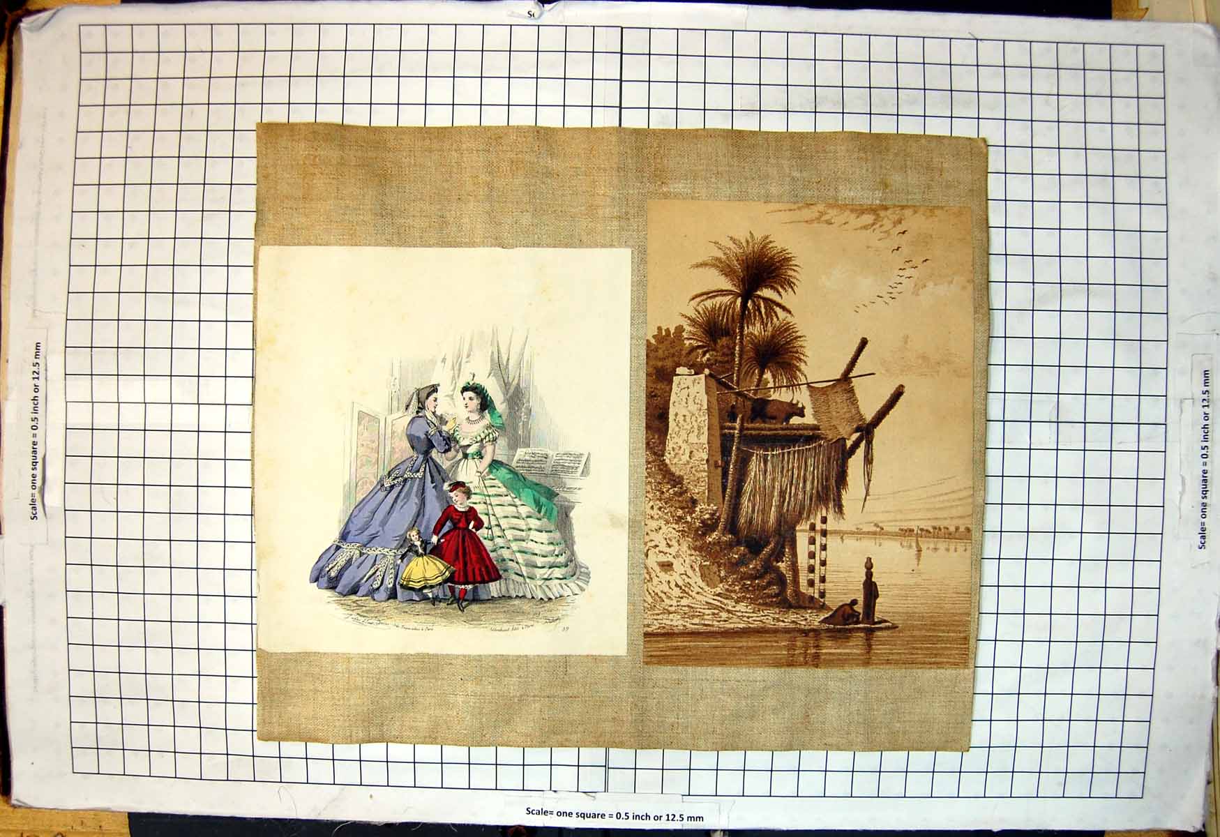 Old Ladies Finery Girl Doll Music Screens Oxen Palm Trees River Scene 20th