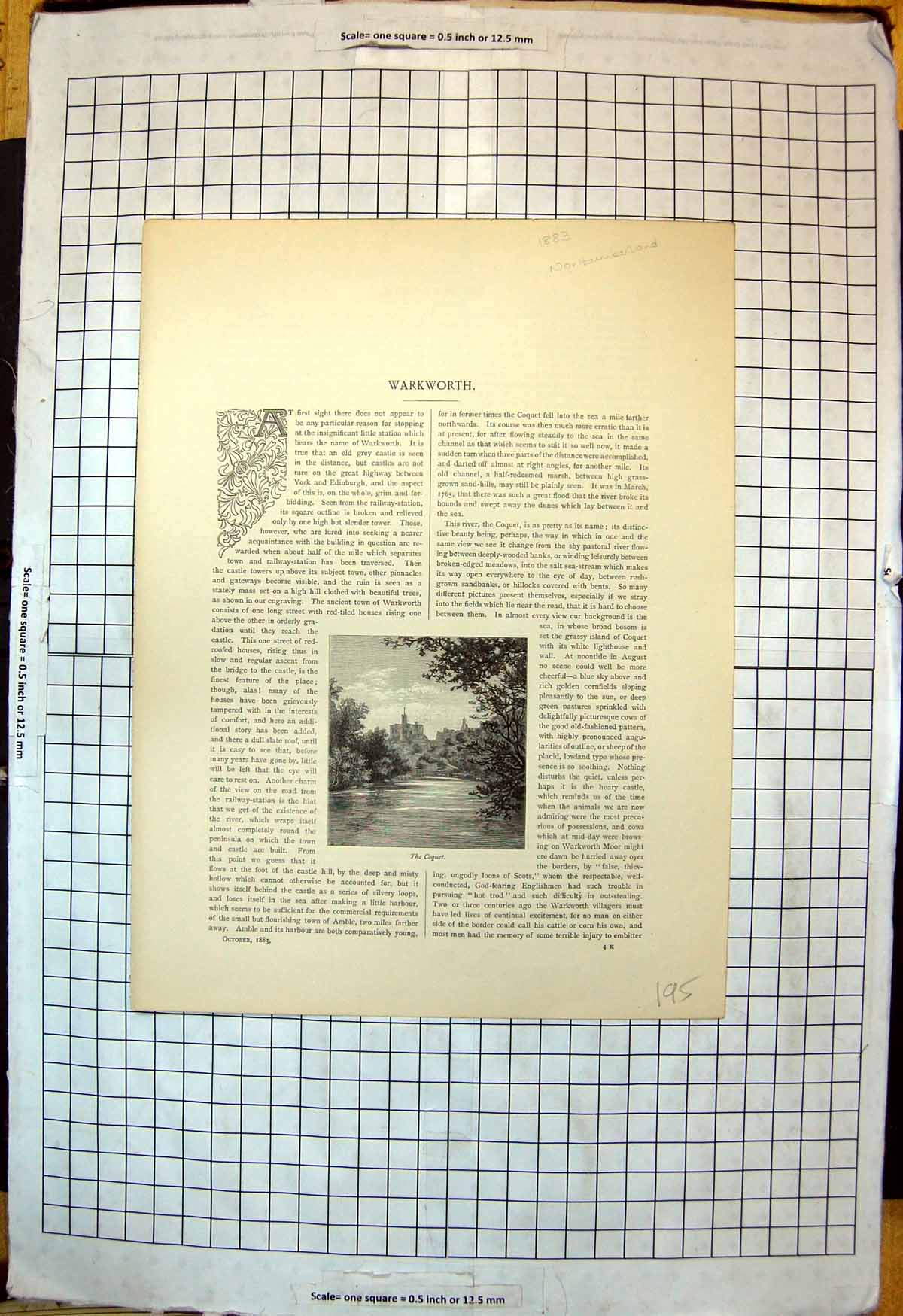 Antique Print River Coquet Northumberland Castle Trees Warkworth Cross 1883