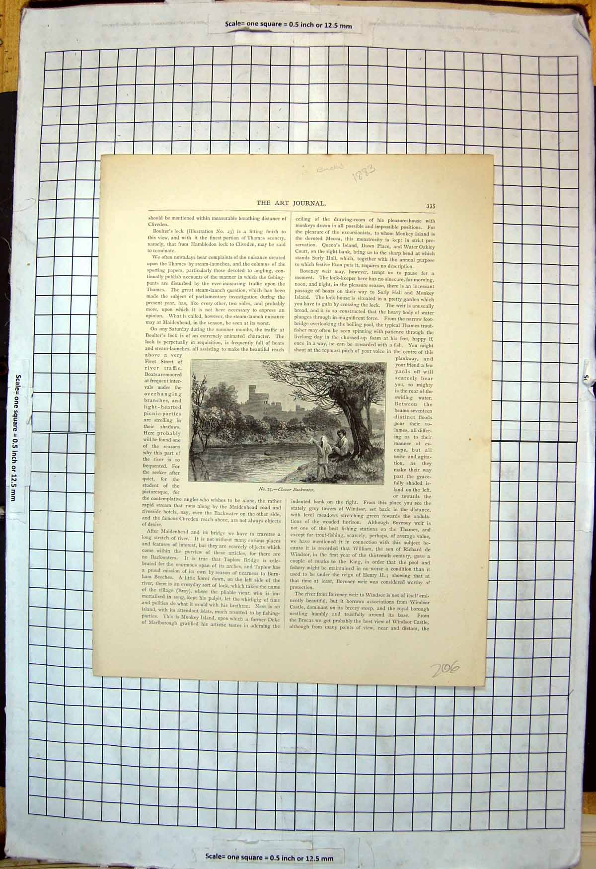 Antique Print Bucks Clewer Backwater Windsor Castle Across River Trees 1883