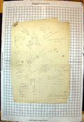 Antique Print Pencil Drawing Piper Plumed Hat Study Outfit Annotated Notes