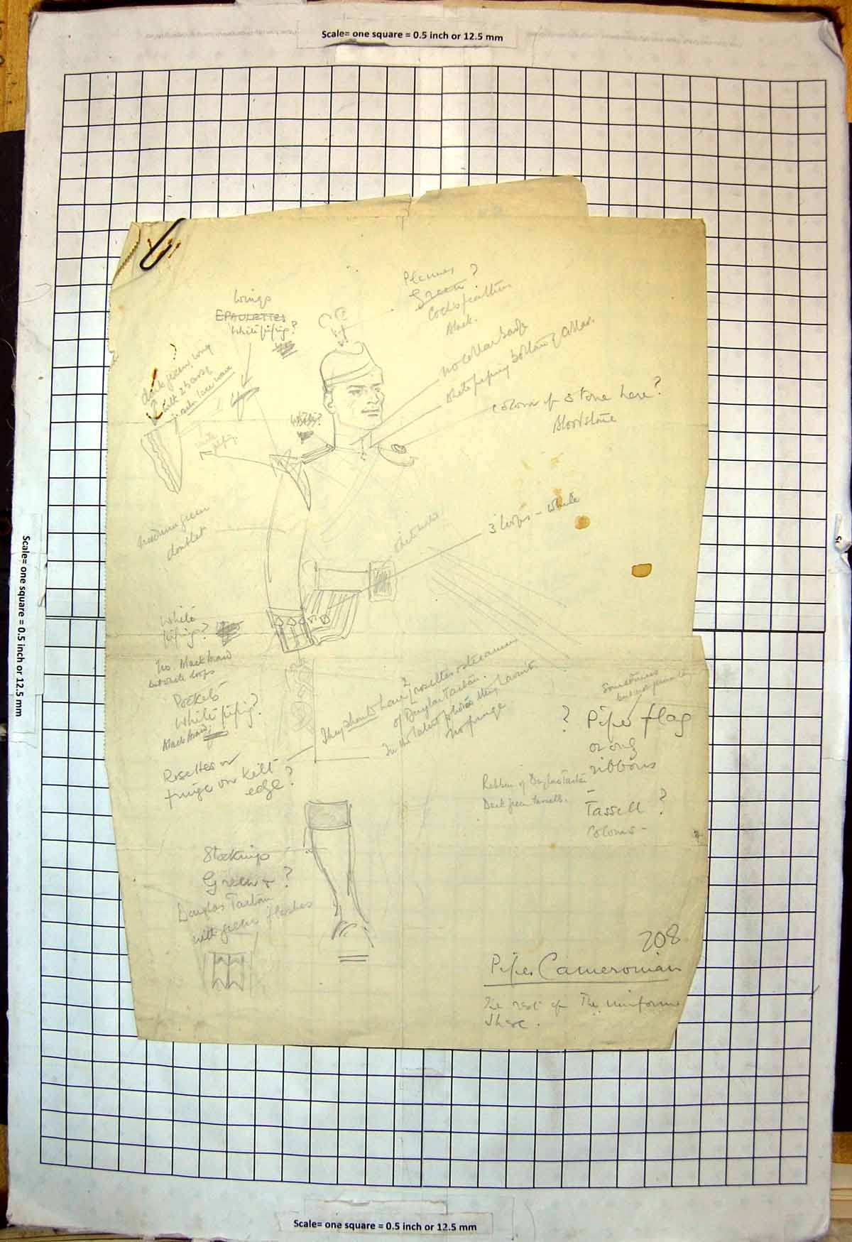 Antique Print Pencil Drawing Piper Plumed Hat Study Outfit Annotated Notes
