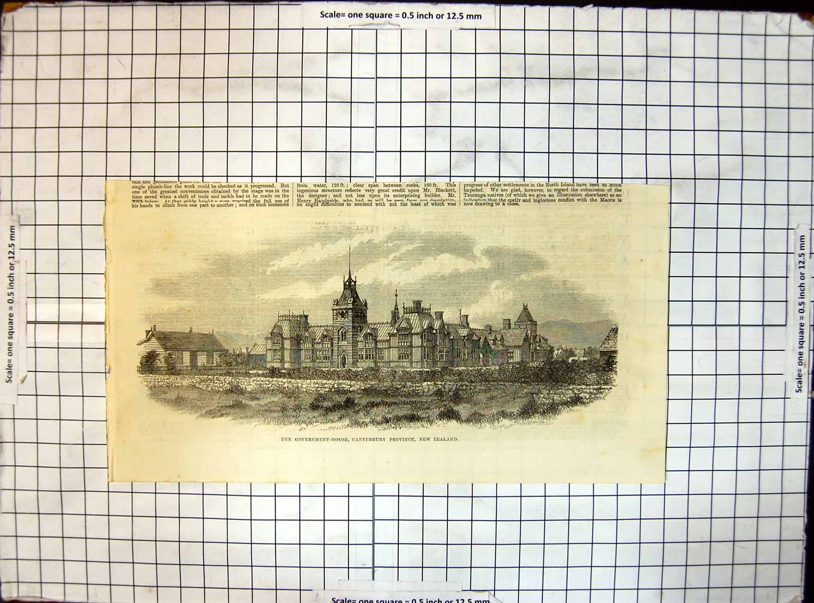 Original Old Antique Print Government House Canterbury Province New Zealand