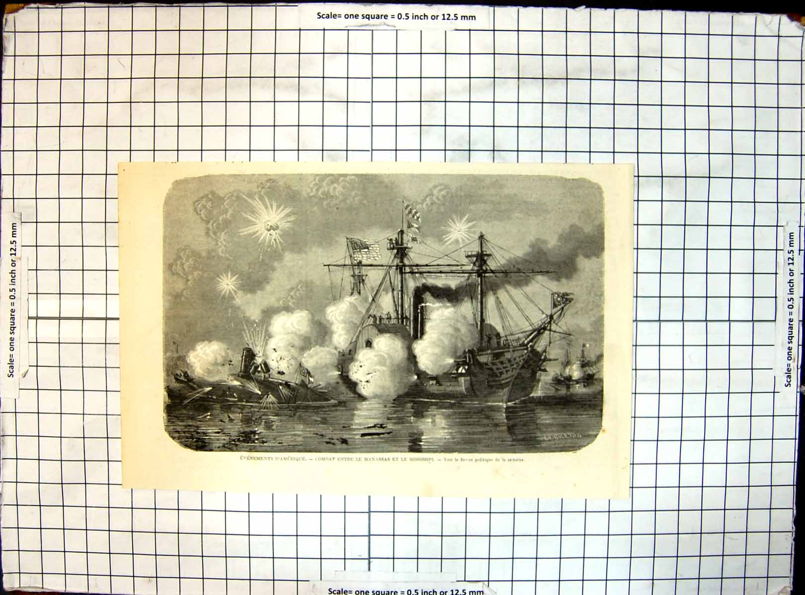 Original Old Antique Print Conflict America Combat Ships Manassas Mississippi