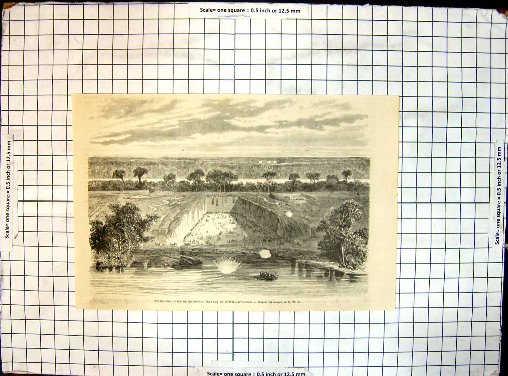 Original Old Antique Print America Siege Richmond Working Dutch Gap Canal