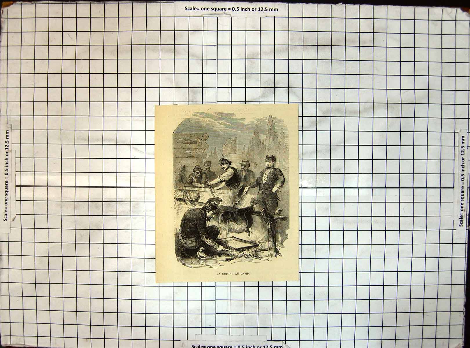 Original Old Antique Print Cooking In Camp Roasting Pig Pole