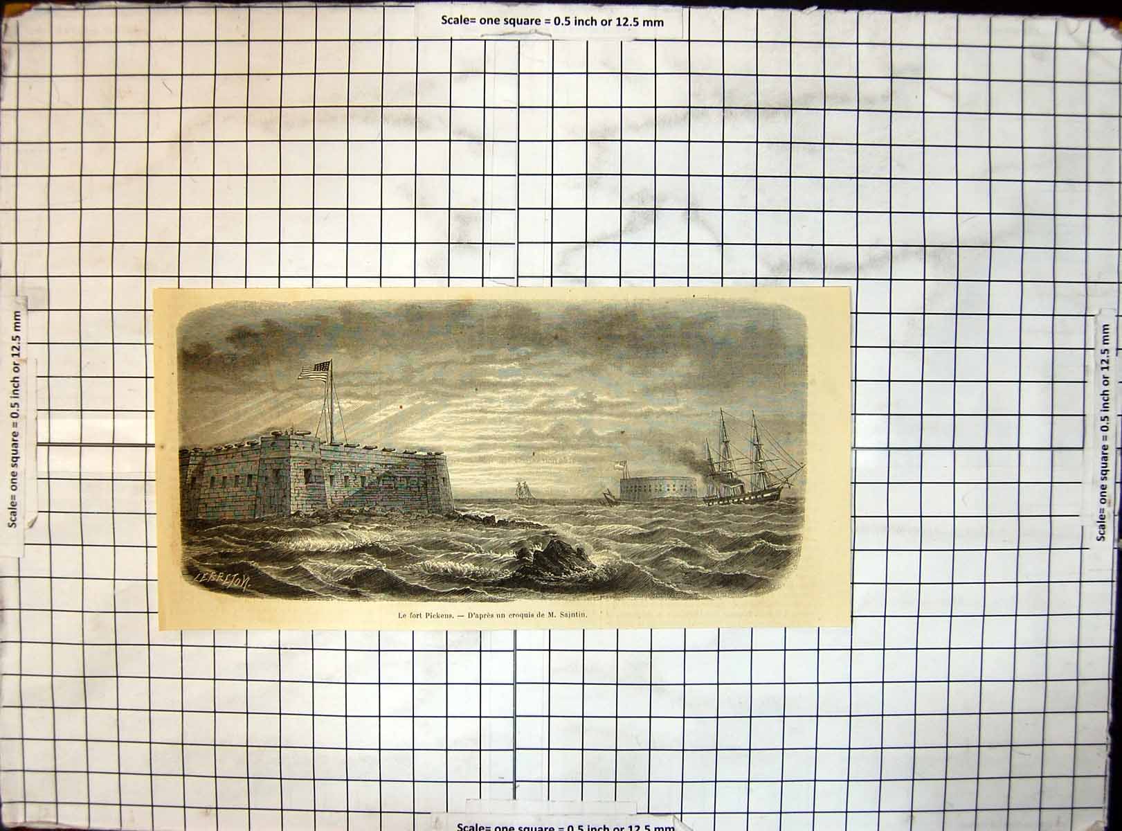 Original Old Antique Print Fort Pickens Flag Flying Ships Sea M Saintin
