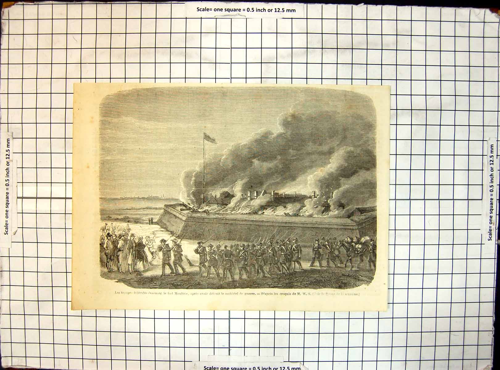 Antique Print Federal Troops Evacuating Fort Moultrie After Destruction War