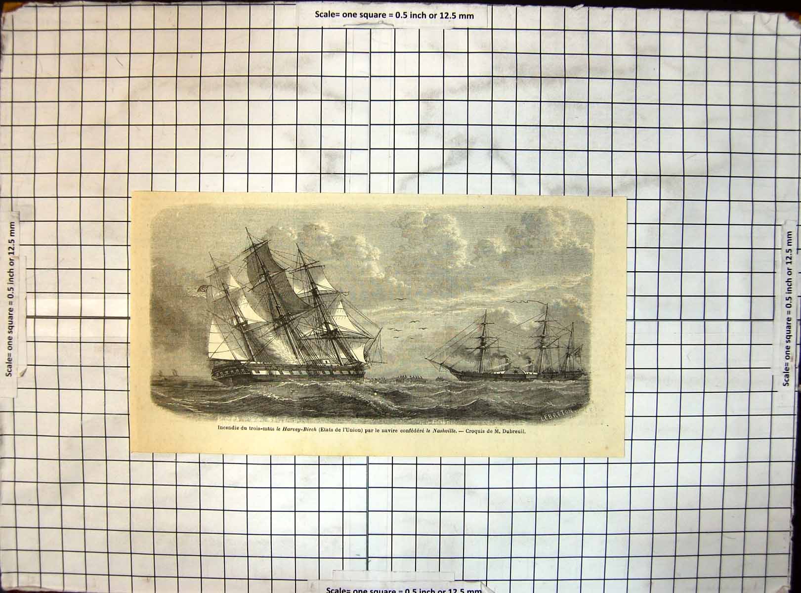 Original Old Antique Print Fire Masts Harvey Birch Usa By Civil War Nashville