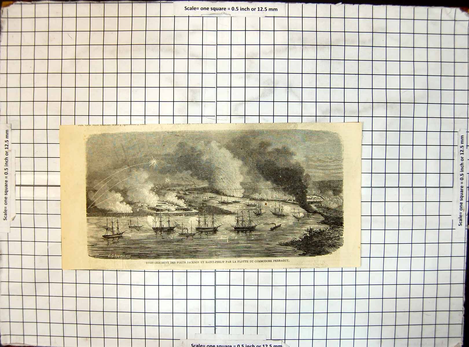 Old Print Flotilla Commodore Ferragut Destroying Forts Jackson St Philip