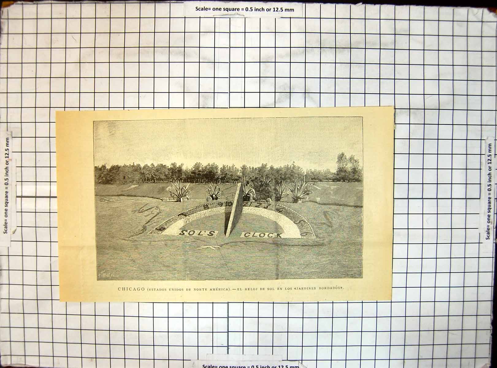 Old Antique Print Chicago North America Sun Dial Clock Gardens Bordados